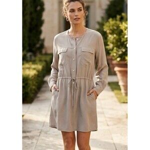 KOCH 100% Silk Size S Utility Shirt Dress Gray Tan Button Front Drawstring